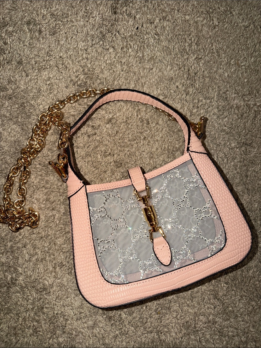 Pink Lace Panel Shoulder Bag with Gold Chain